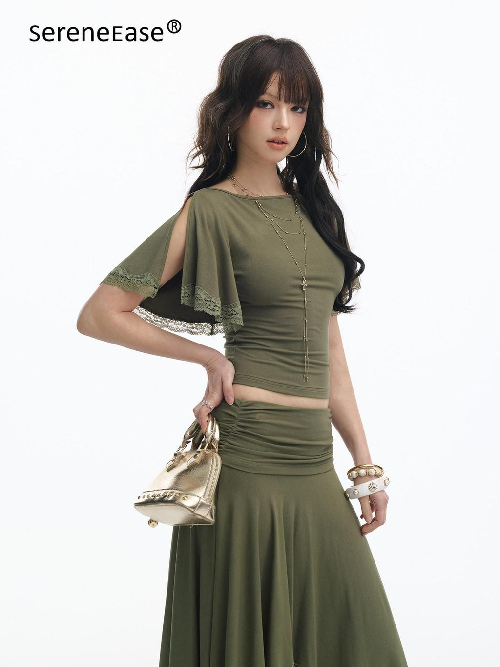 SereneEase Retro Green Lace Spliced Irregular Hem Women's Short Sleeve Matching Skirt Sets