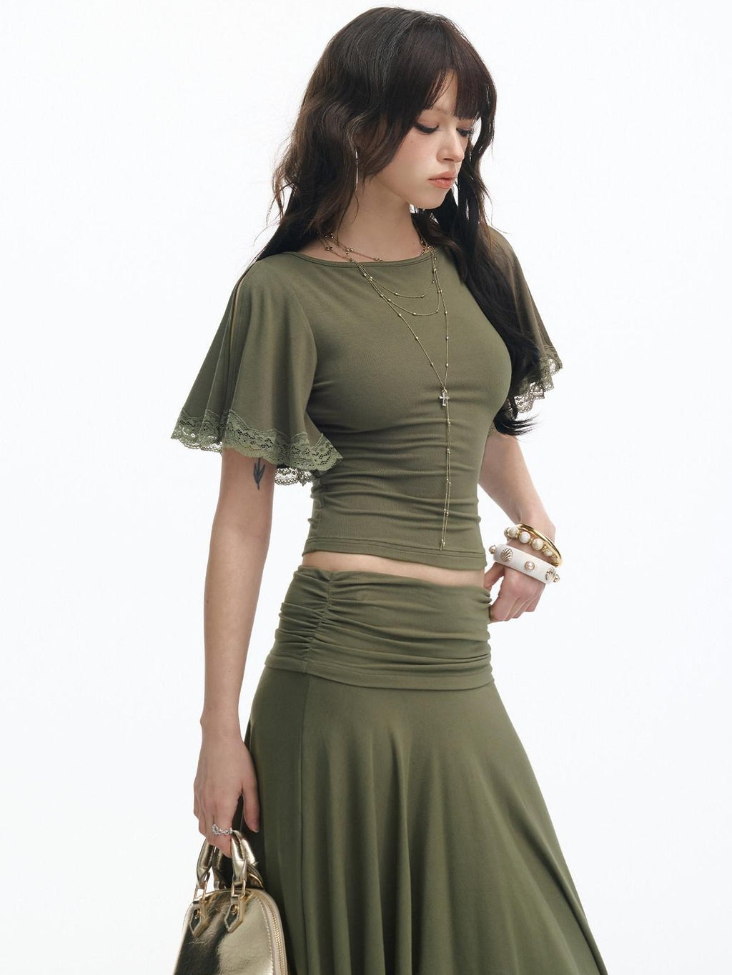 SereneEase Retro Green Lace Spliced Irregular Hem Women's Short Sleeve Matching Skirt Sets