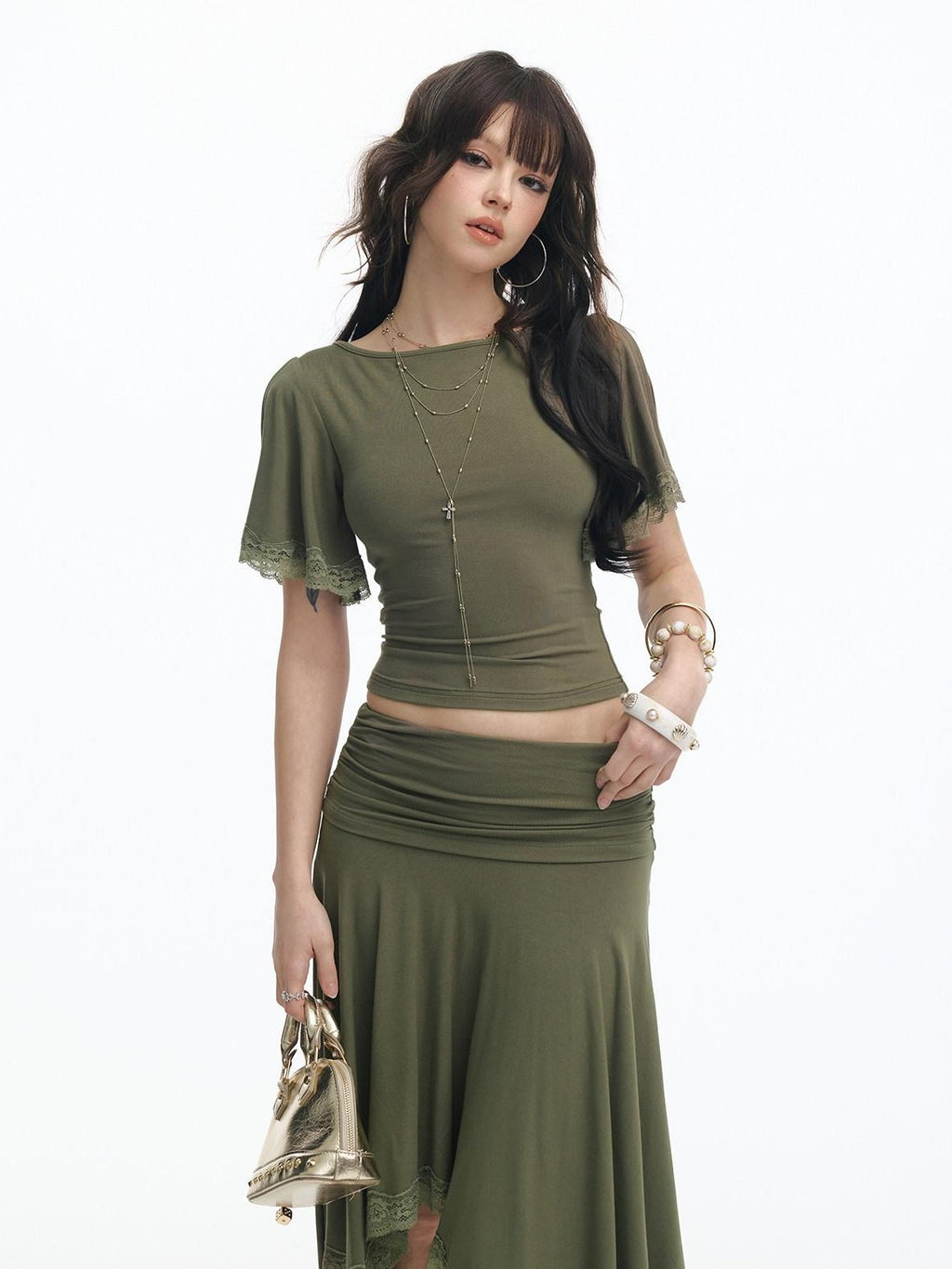 SereneEase Retro Green Lace Spliced Irregular Hem Women's Short Sleeve Matching Skirt Sets