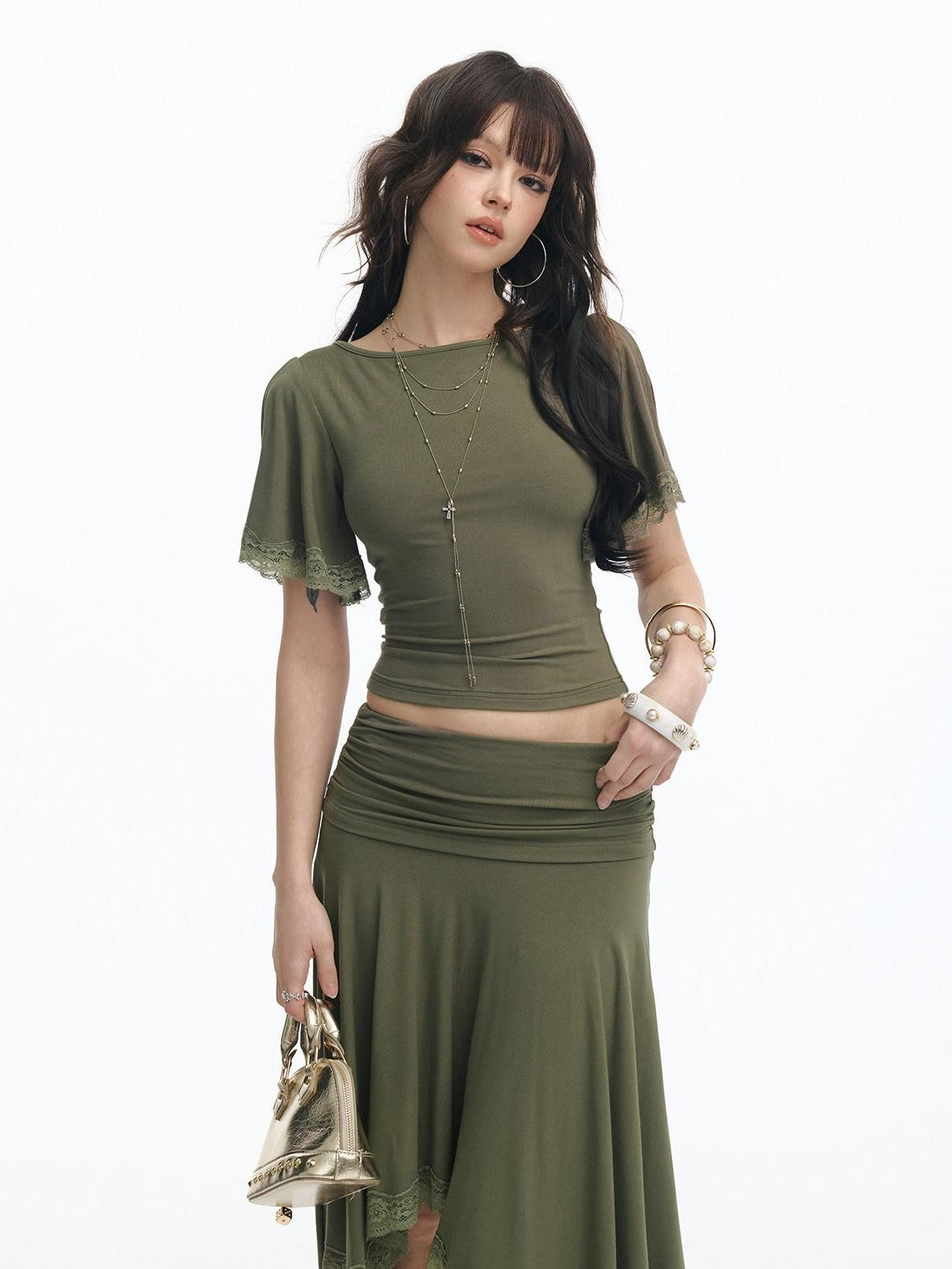 SereneEase Retro Green Lace Spliced Irregular Hem Women's Short Sleeve Matching Skirt Sets