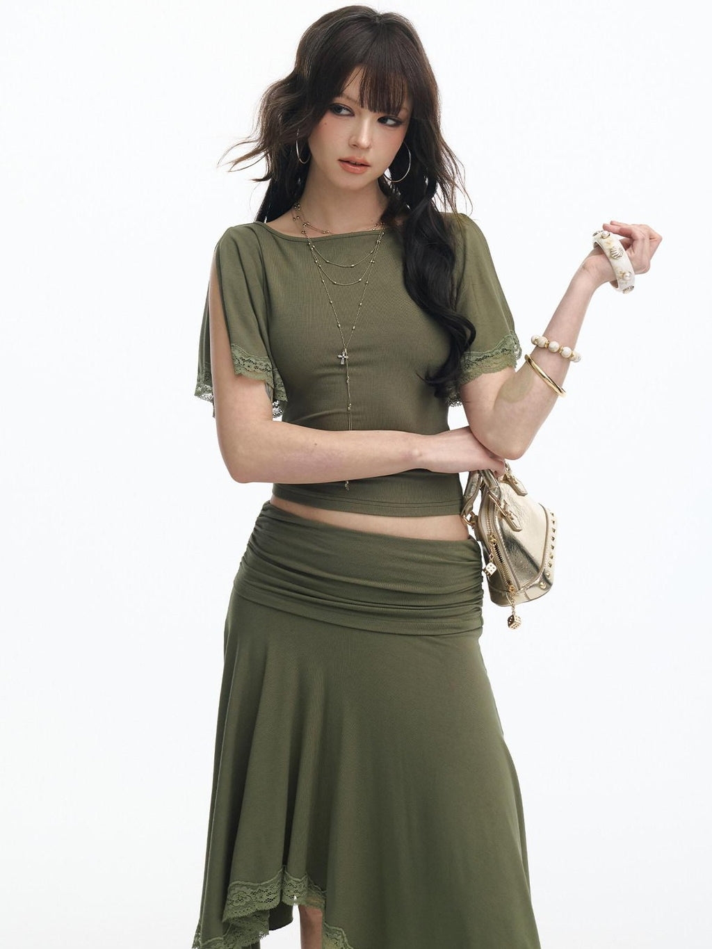 SereneEase Retro Green Lace Spliced Irregular Hem Women's Short Sleeve Matching Skirt Sets