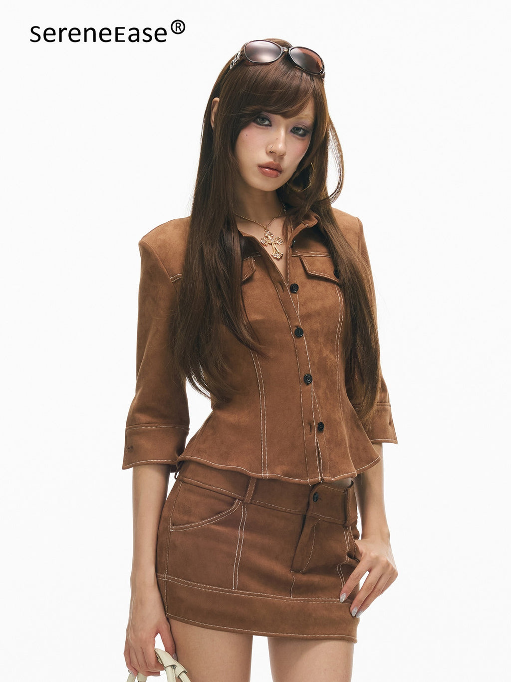 SereneEase_Retro_Topstitch_Lapel_Cinched_Waist_Cropped_Women's_Matching_Skirt_Sets_1069792814714_MISSTT