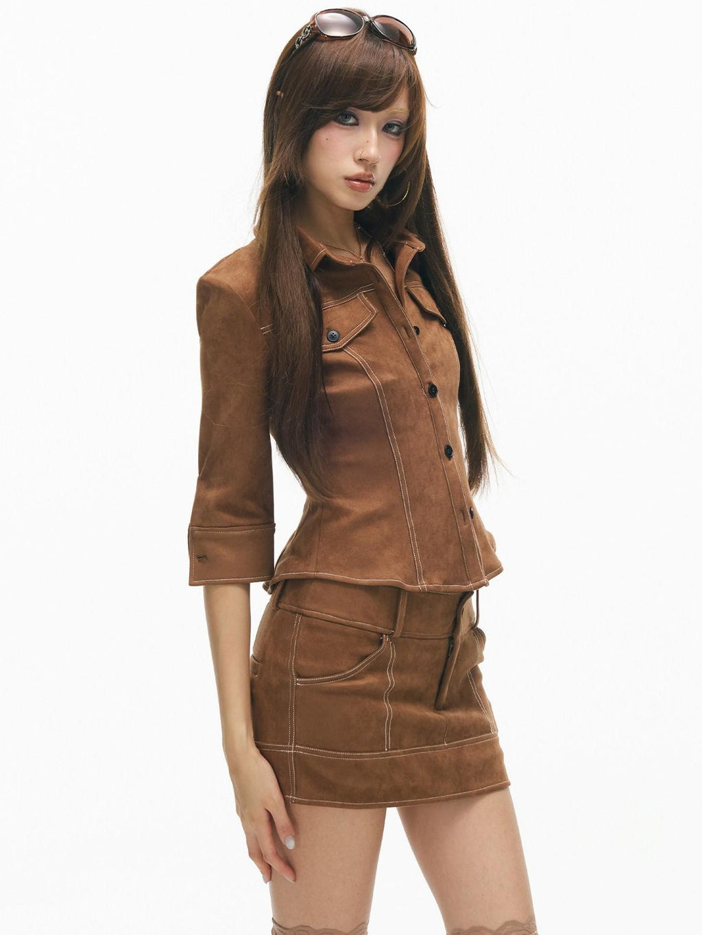 SereneEase Retro Topstitch Lapel Cinched Waist Cropped Women's Matching Skirt Sets