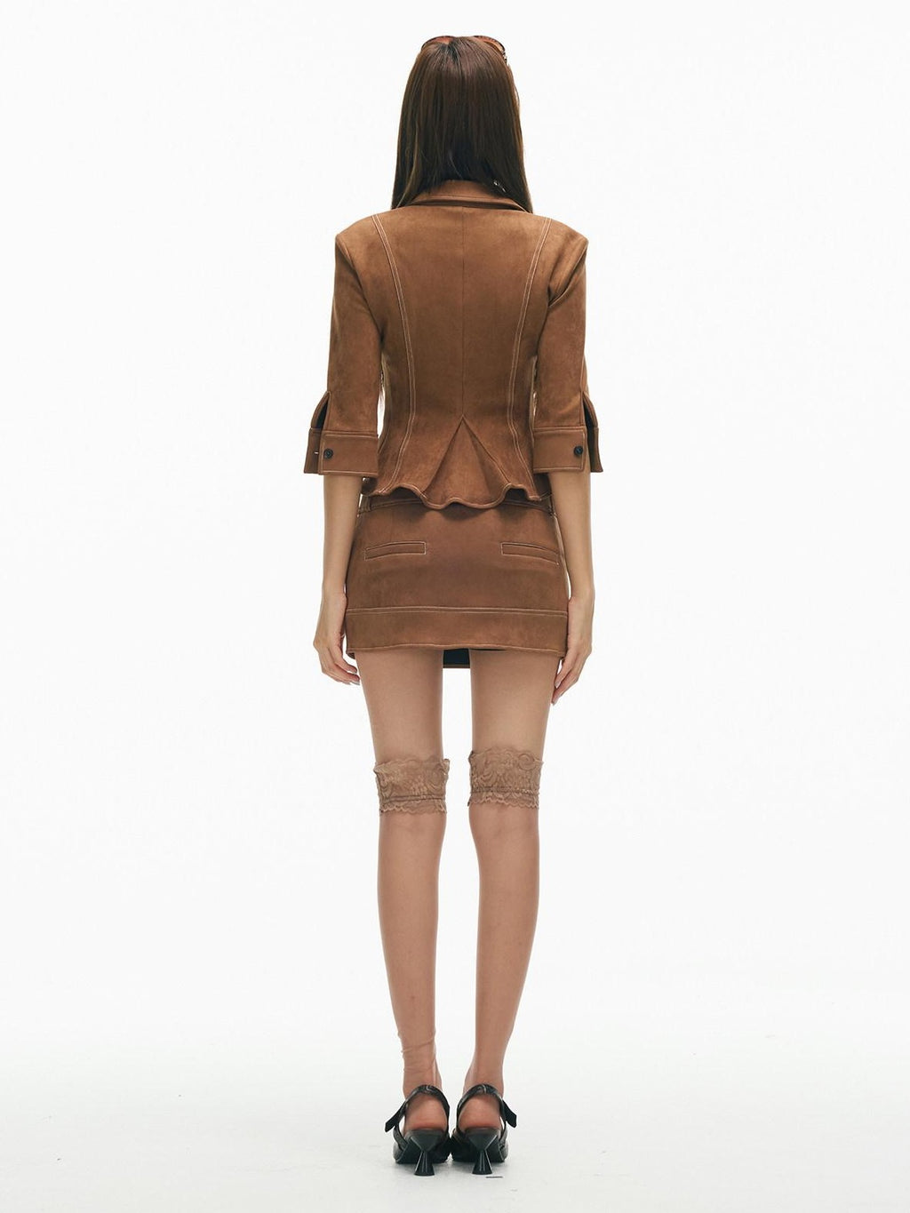 SereneEase Retro Topstitch Lapel Cinched Waist Cropped Women's Matching Skirt Sets