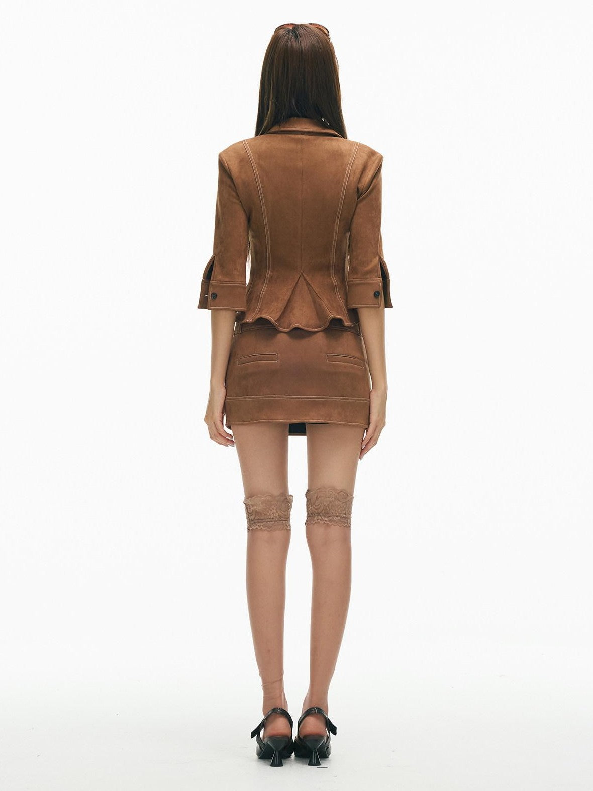 SereneEase Retro Topstitch Lapel Cinched Waist Cropped Women's Matching Skirt Sets