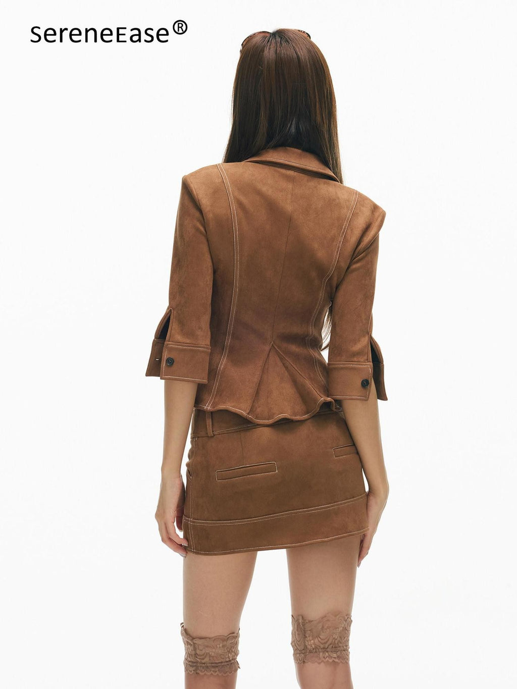 SereneEase Retro Topstitch Lapel Cinched Waist Cropped Women's Matching Skirt Sets