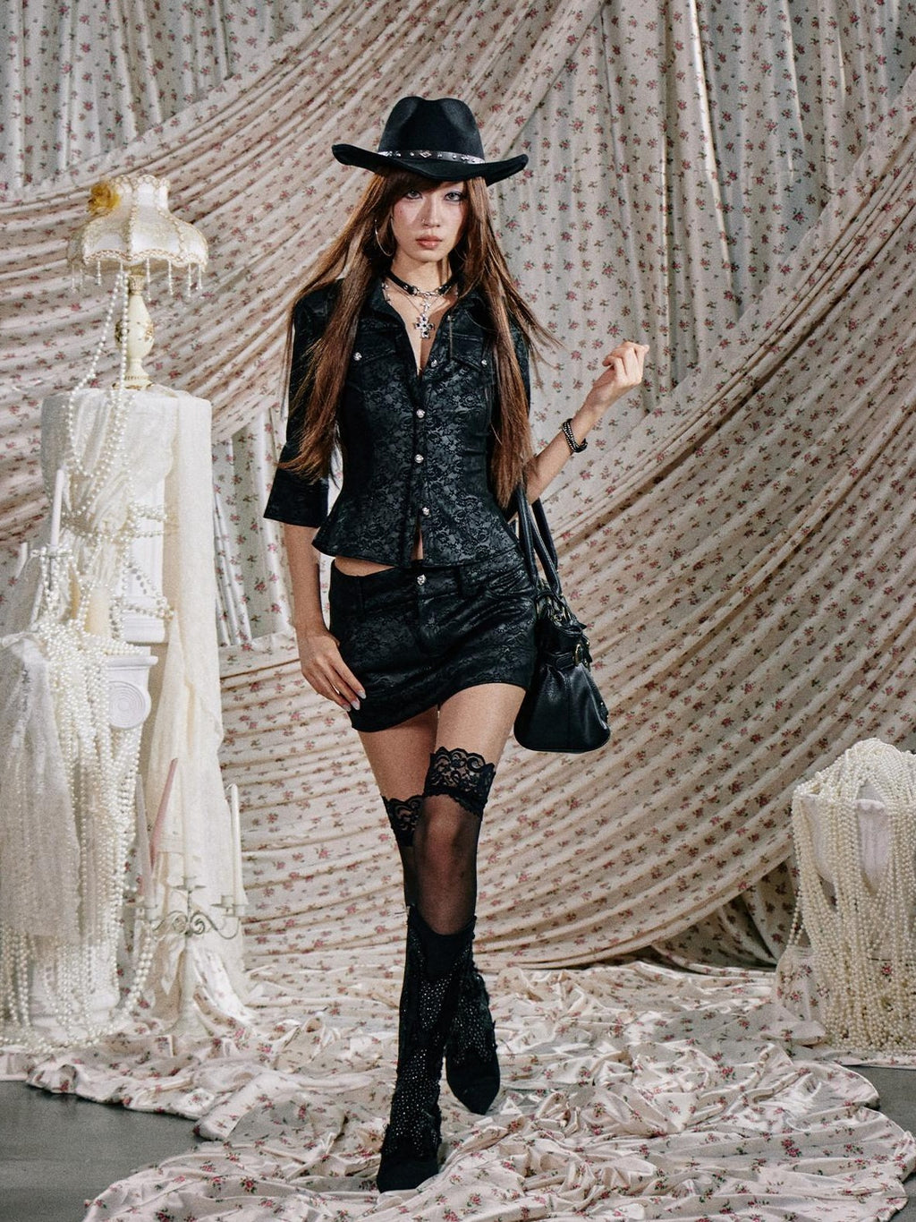 SereneEase Retro Topstitch Lapel Cinched Waist Cropped Women's Matching Skirt Sets