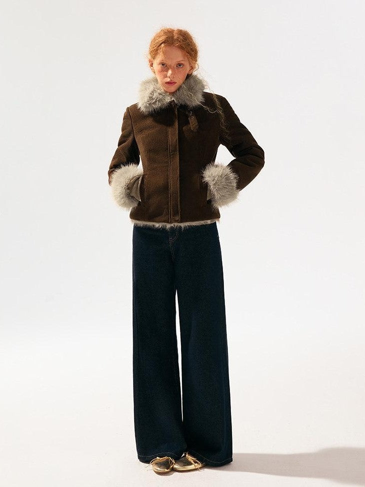 SereneEase Reversible Corduroy Plush Scarf Collar Women's Polyester Cropped Jackets