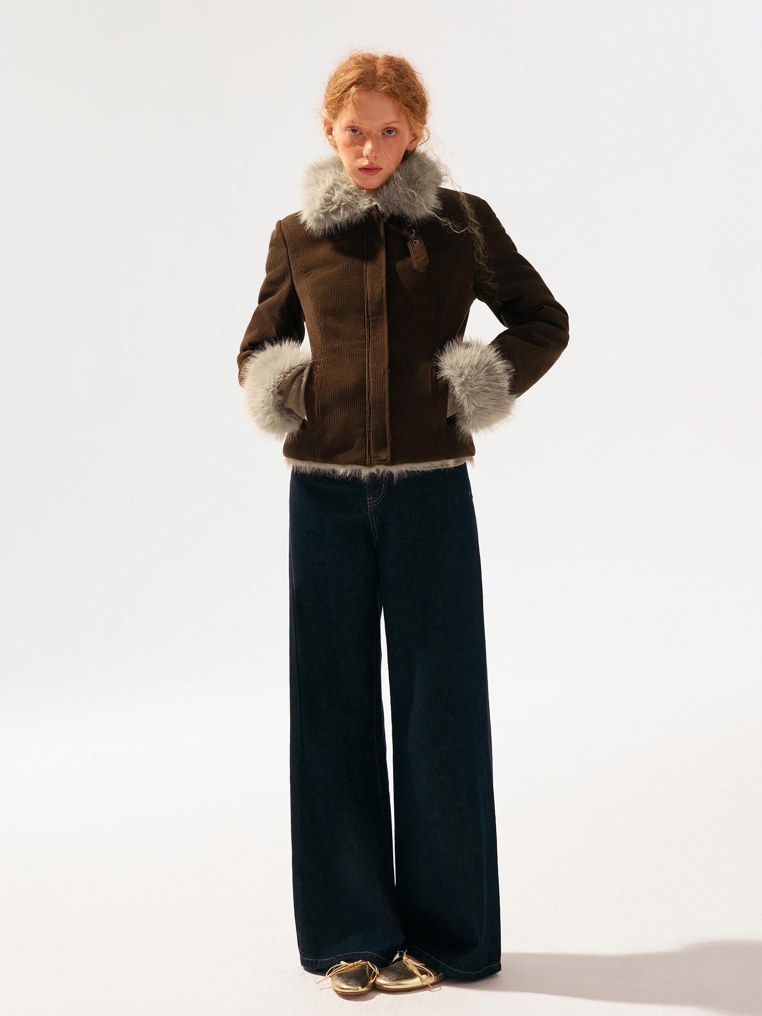 SereneEase Reversible Corduroy Plush Scarf Collar Women's Polyester Cropped Jackets