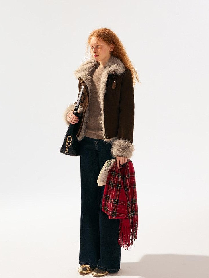 SereneEase Reversible Corduroy Plush Scarf Collar Women's Polyester Cropped Jackets