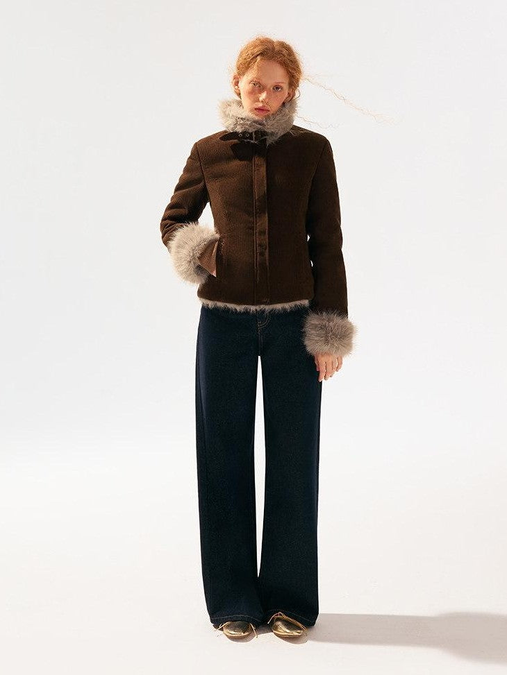 SereneEase Reversible Corduroy Plush Scarf Collar Women's Polyester Cropped Jackets