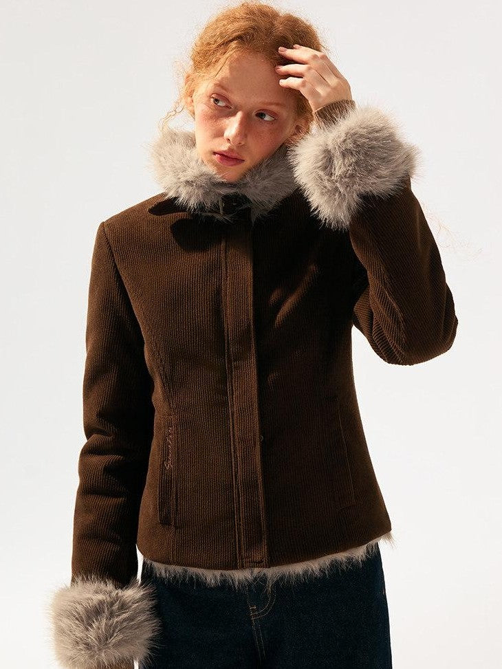 SereneEase Reversible Corduroy Plush Scarf Collar Women's Polyester Cropped Jackets
