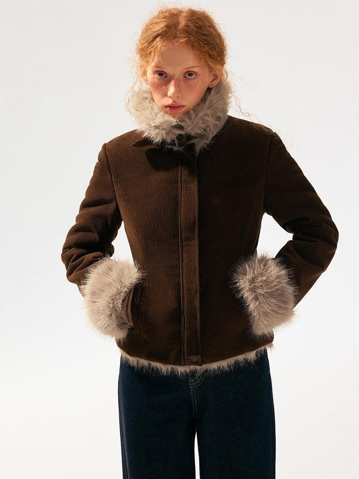 SereneEase Reversible Corduroy Plush Scarf Collar Women's Polyester Cropped Jackets