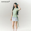 SereneEase_Ribbon_Tie_Waist_Cinched_Crewneck_Three_Tone_Women's_Cotton_Blend_Slim_T-shirts_933665050604_MISSTT
