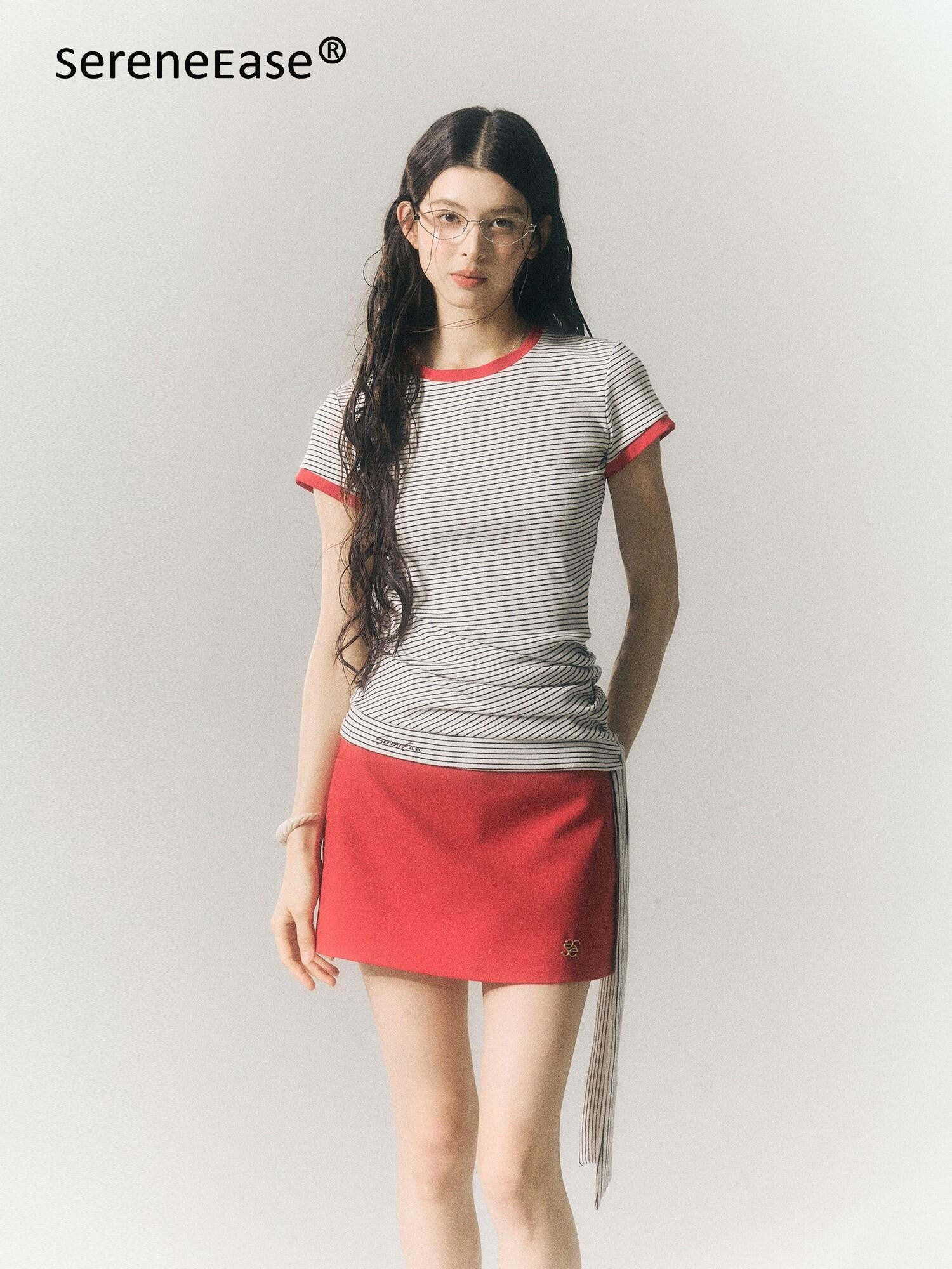 SereneEase Ribbon Tie Waist Cinched Crewneck Three Tone Women's Cotton Blend Slim T-shirts