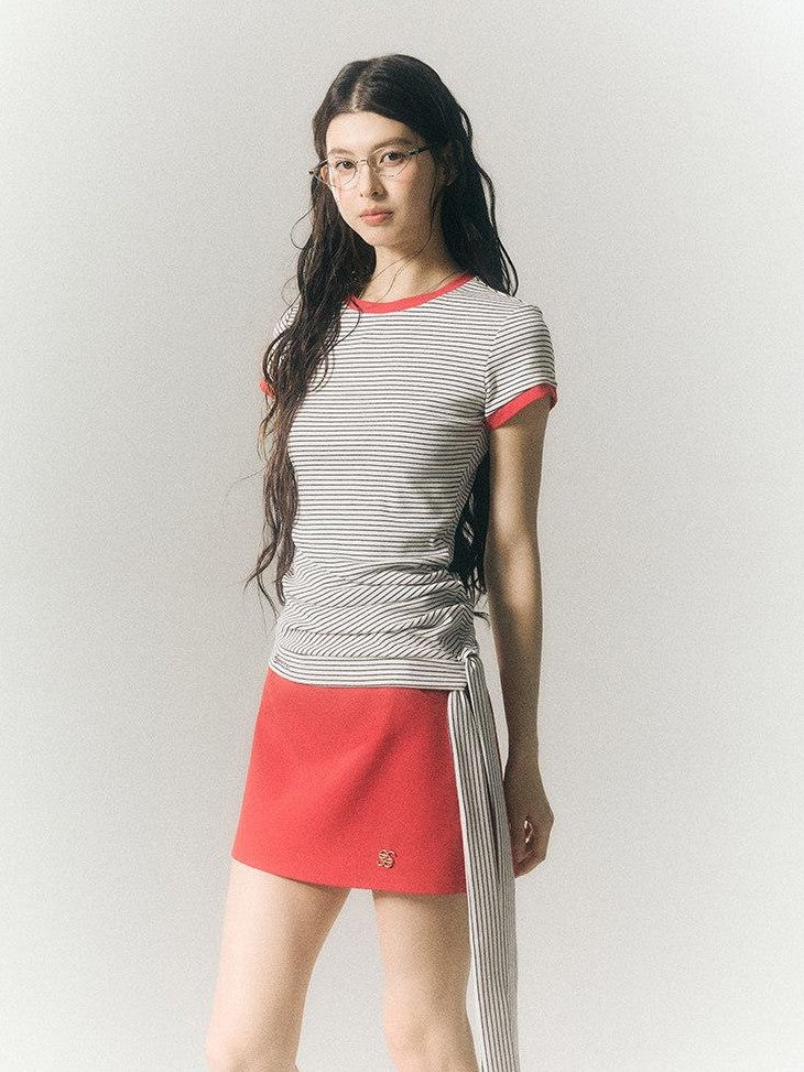 SereneEase Ribbon Tie Waist Cinched Crewneck Three Tone Women's Cotton Blend Slim T-shirts