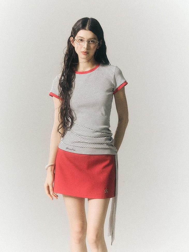 SereneEase Ribbon Tie Waist Cinched Crewneck Three Tone Women's Cotton Blend Slim T-shirts