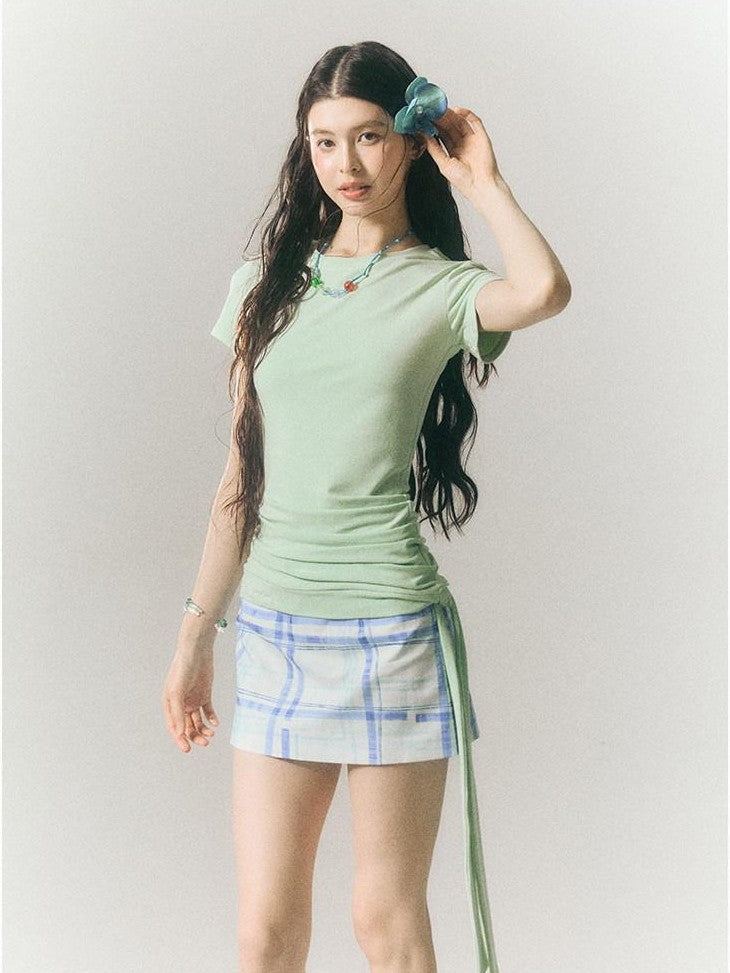 SereneEase Ribbon Tie Waist Cinched Crewneck Three Tone Women's Cotton Blend Slim T-shirts