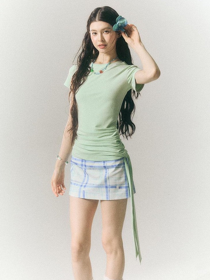 SereneEase Ribbon Tie Waist Cinched Crewneck Three Tone Women's Cotton Blend Slim T-shirts