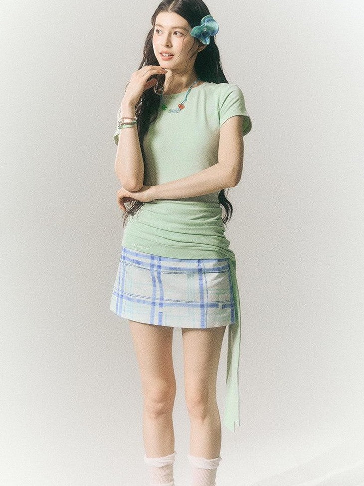 SereneEase Ribbon Tie Waist Cinched Crewneck Three Tone Women's Cotton Blend Slim T-shirts