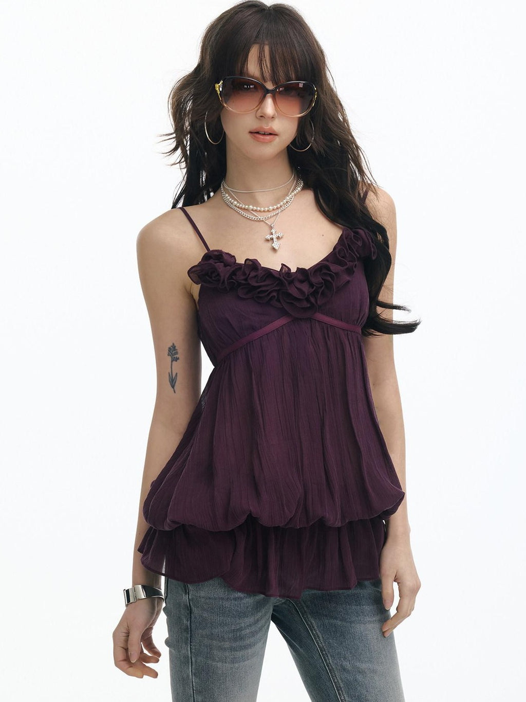 SereneEase Rose Applique Lace V-neck Vintage Loose Women's Lyocell Camisoles