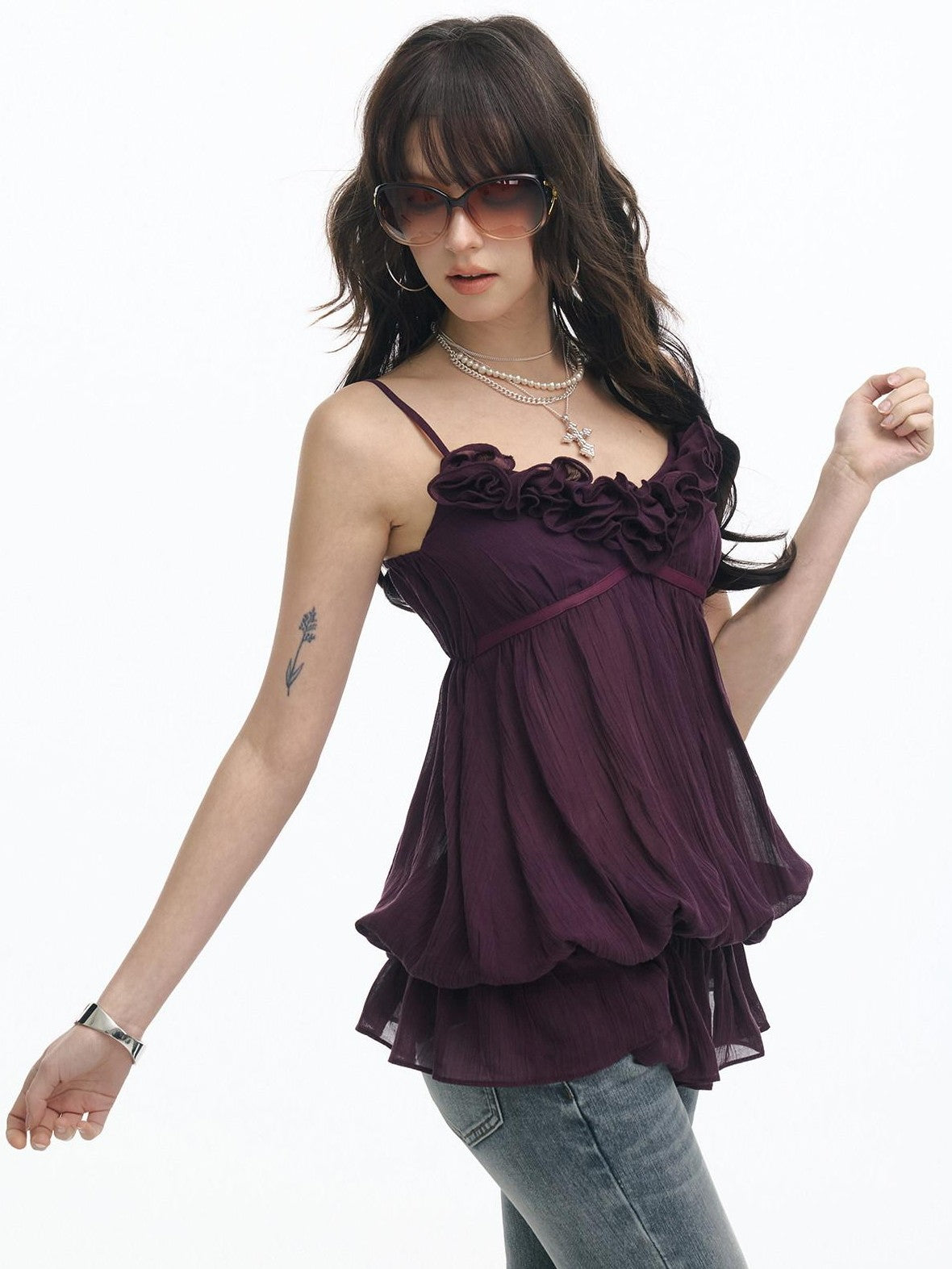 SereneEase Rose Applique Lace V-neck Vintage Loose Women's Lyocell Camisoles