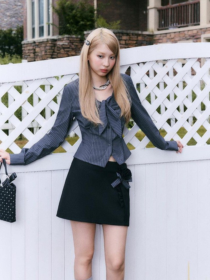SereneEase Rose Floral Striped Patchwork Bow French Women's Cotton Matching Skirt Sets
