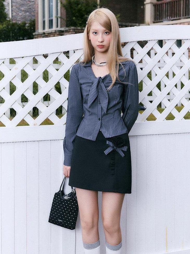 SereneEase Rose Floral Striped Patchwork Bow French Women's Cotton Matching Skirt Sets