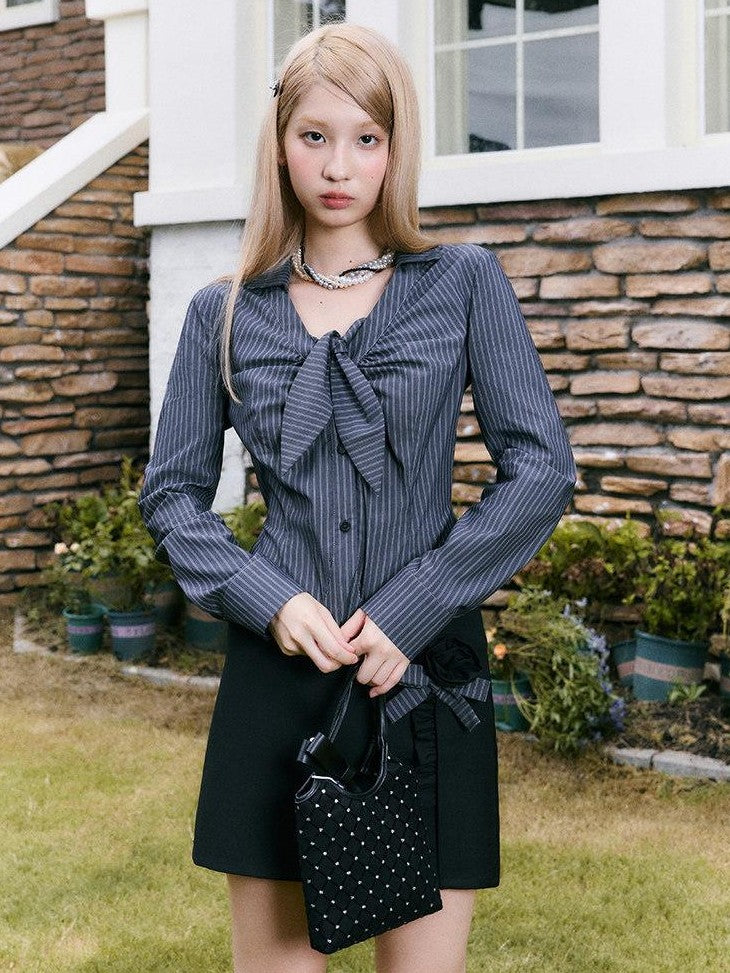 SereneEase Rose Floral Striped Patchwork Bow French Women's Cotton Matching Skirt Sets