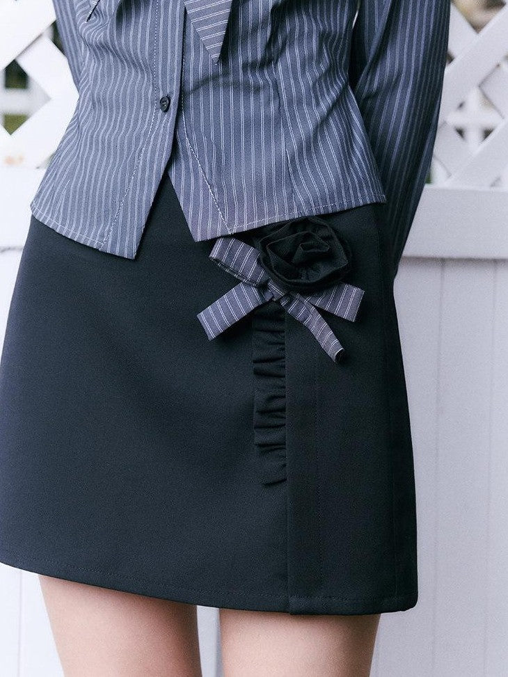 SereneEase Rose Floral Striped Patchwork Bow French Women's Cotton Matching Skirt Sets