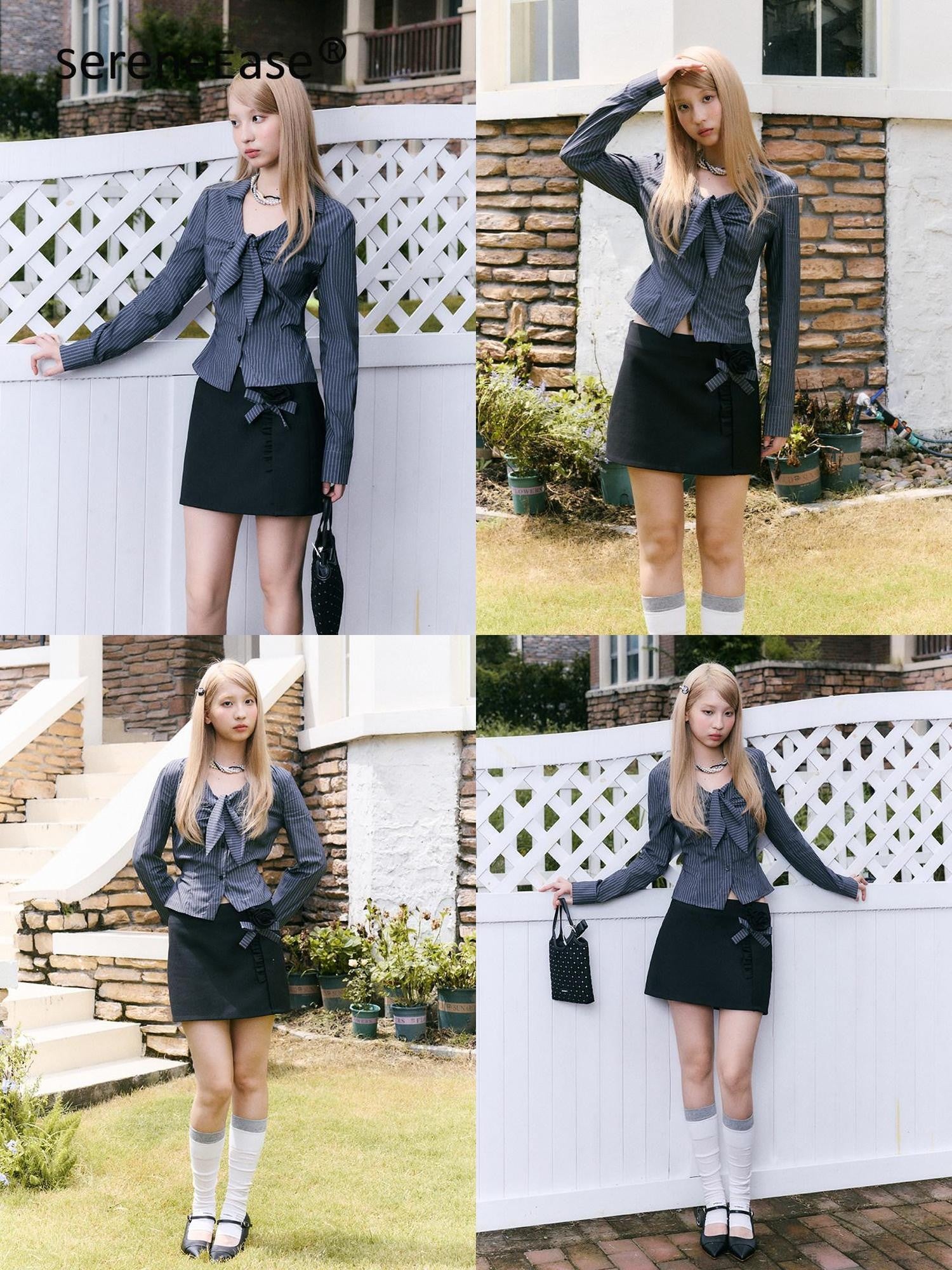 SereneEase Rose Floral Striped Patchwork Bow French Women's Cotton Matching Skirt Sets