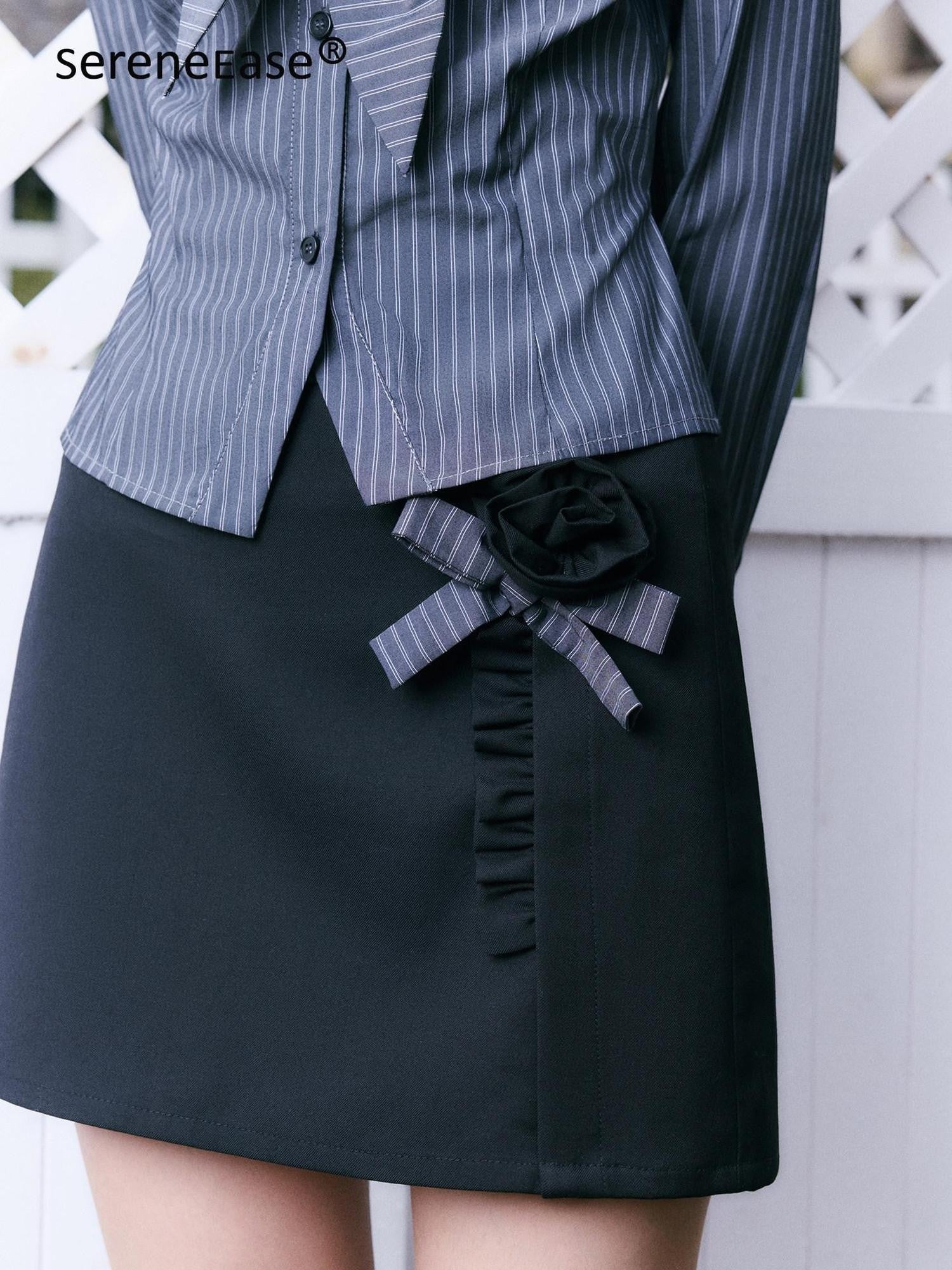 SereneEase Rose Floral Striped Patchwork Bow French Women's Cotton Matching Skirt Sets