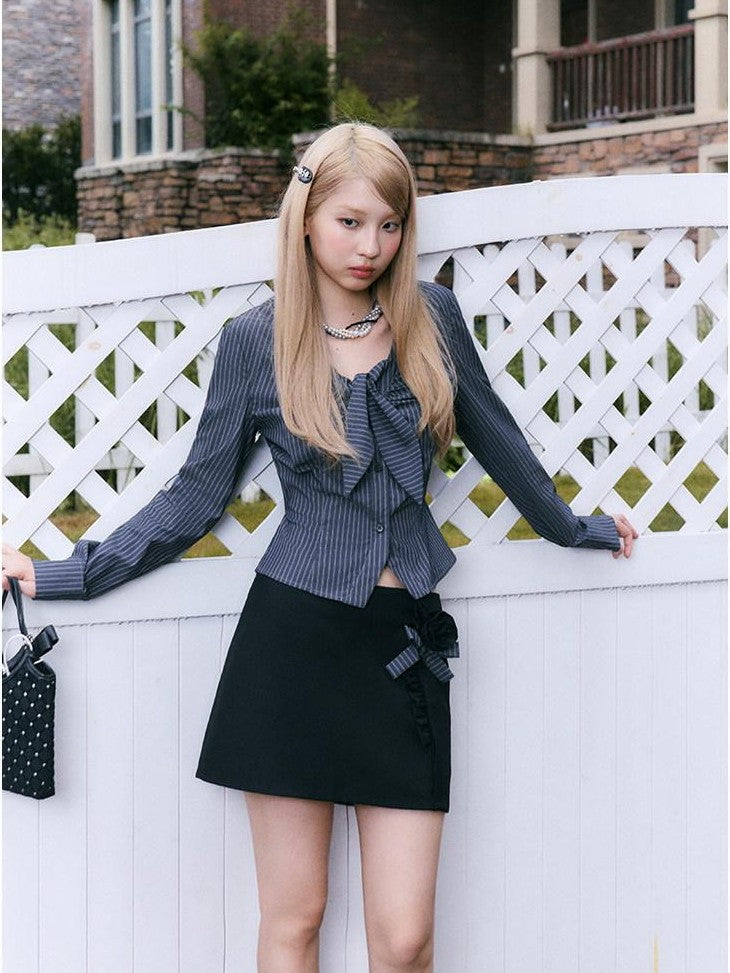 SereneEase Rose Floral Striped Patchwork Bow French Women's Cotton Matching Skirt Sets