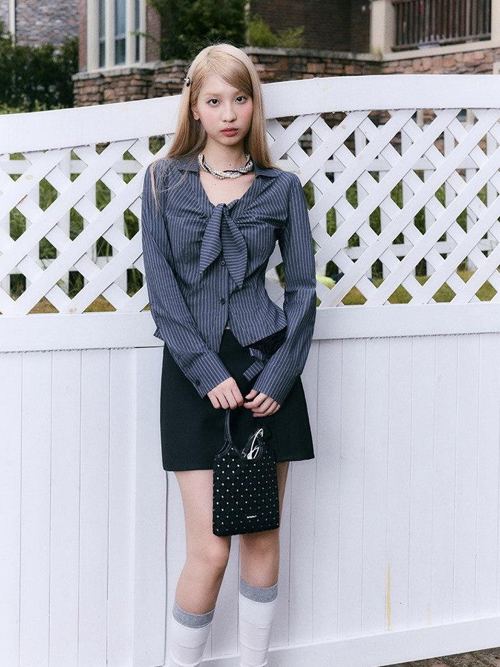 SereneEase Rose Floral Striped Patchwork Bow French Women's Cotton Matching Skirt Sets