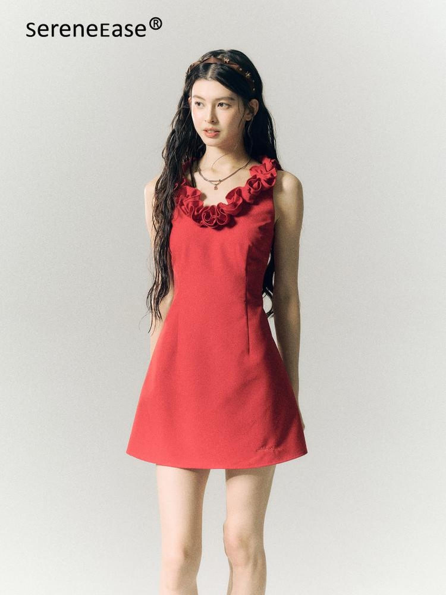 SereneEase Rose Knot Sleeveless V-neck A Line Women's Polyester Viscose Slip Mini Dresses