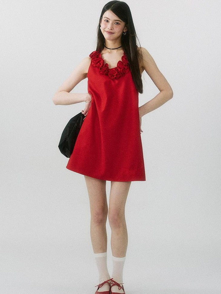 SereneEase Rose Knot Sleeveless V-neck A Line Women's Polyester Viscose Slip Mini Dresses