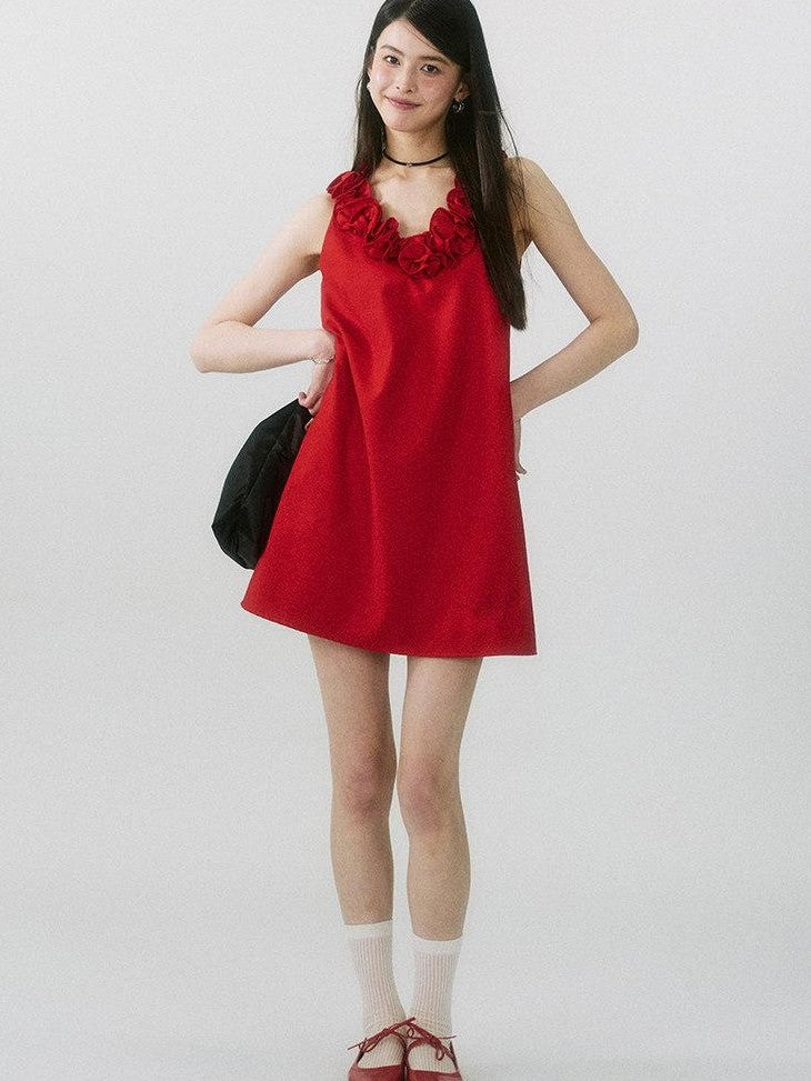 SereneEase Rose Knot Sleeveless V-neck A Line Women's Polyester Viscose Slip Mini Dresses
