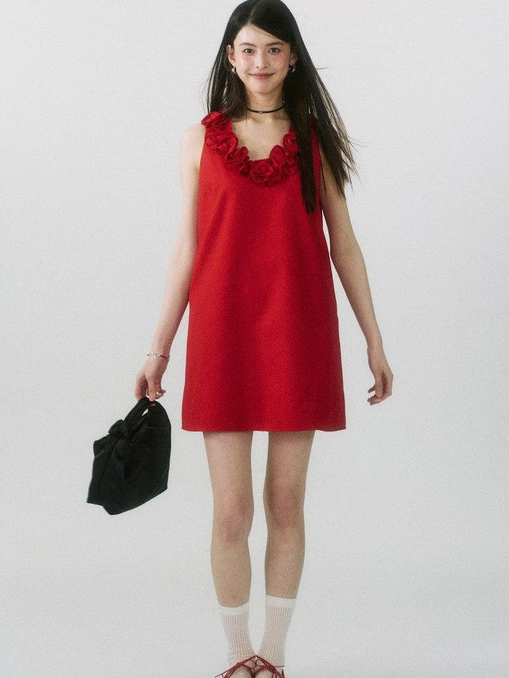 SereneEase Rose Knot Sleeveless V-neck A Line Women's Polyester Viscose Slip Mini Dresses
