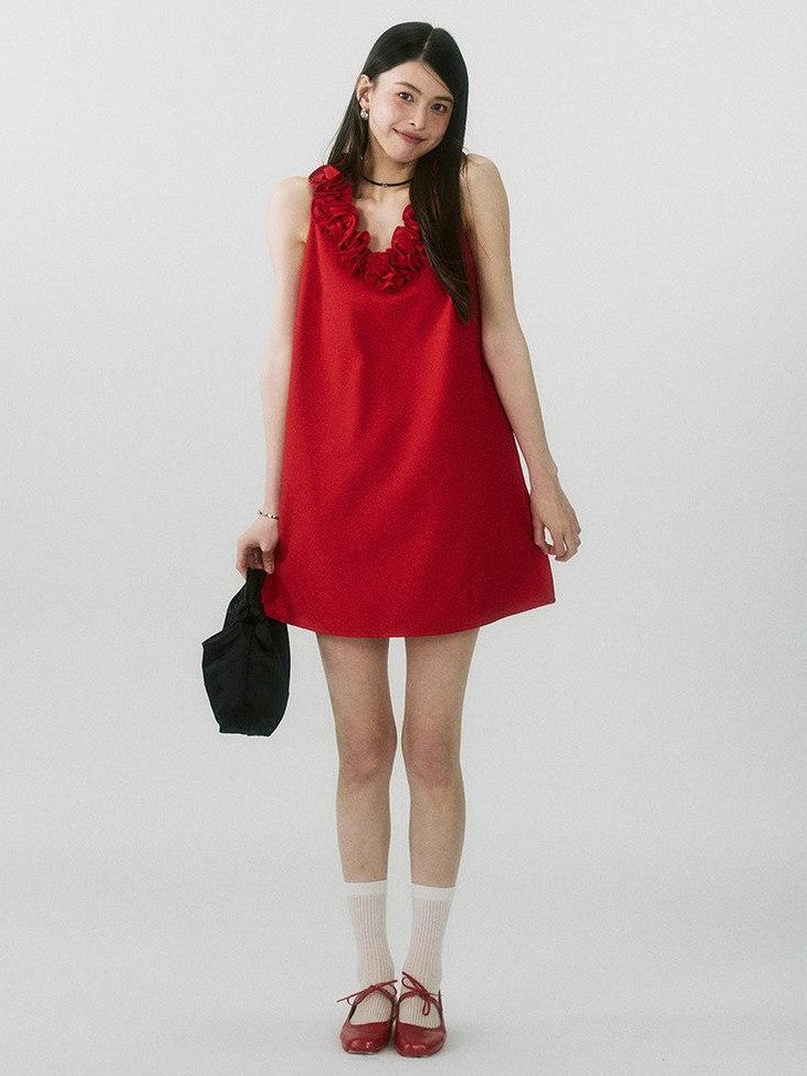 SereneEase Rose Knot Sleeveless V-neck A Line Women's Polyester Viscose Slip Mini Dresses