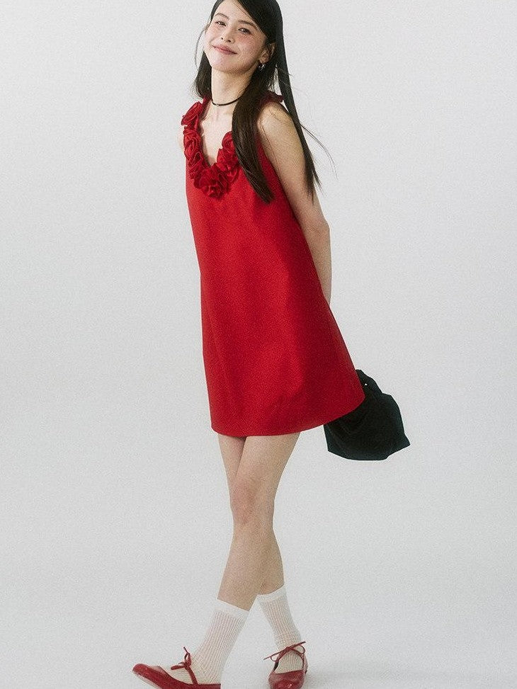 SereneEase Rose Knot Sleeveless V-neck A Line Women's Polyester Viscose Slip Mini Dresses