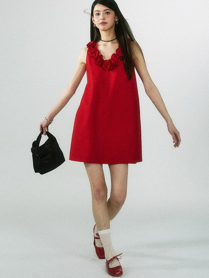 SereneEase Rose Knot Sleeveless V-neck A Line Women's Polyester Viscose Slip Mini Dresses