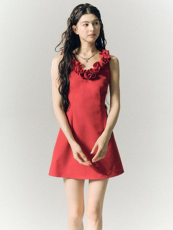 SereneEase Rose Knot Sleeveless V-neck A Line Women's Polyester Viscose Slip Mini Dresses
