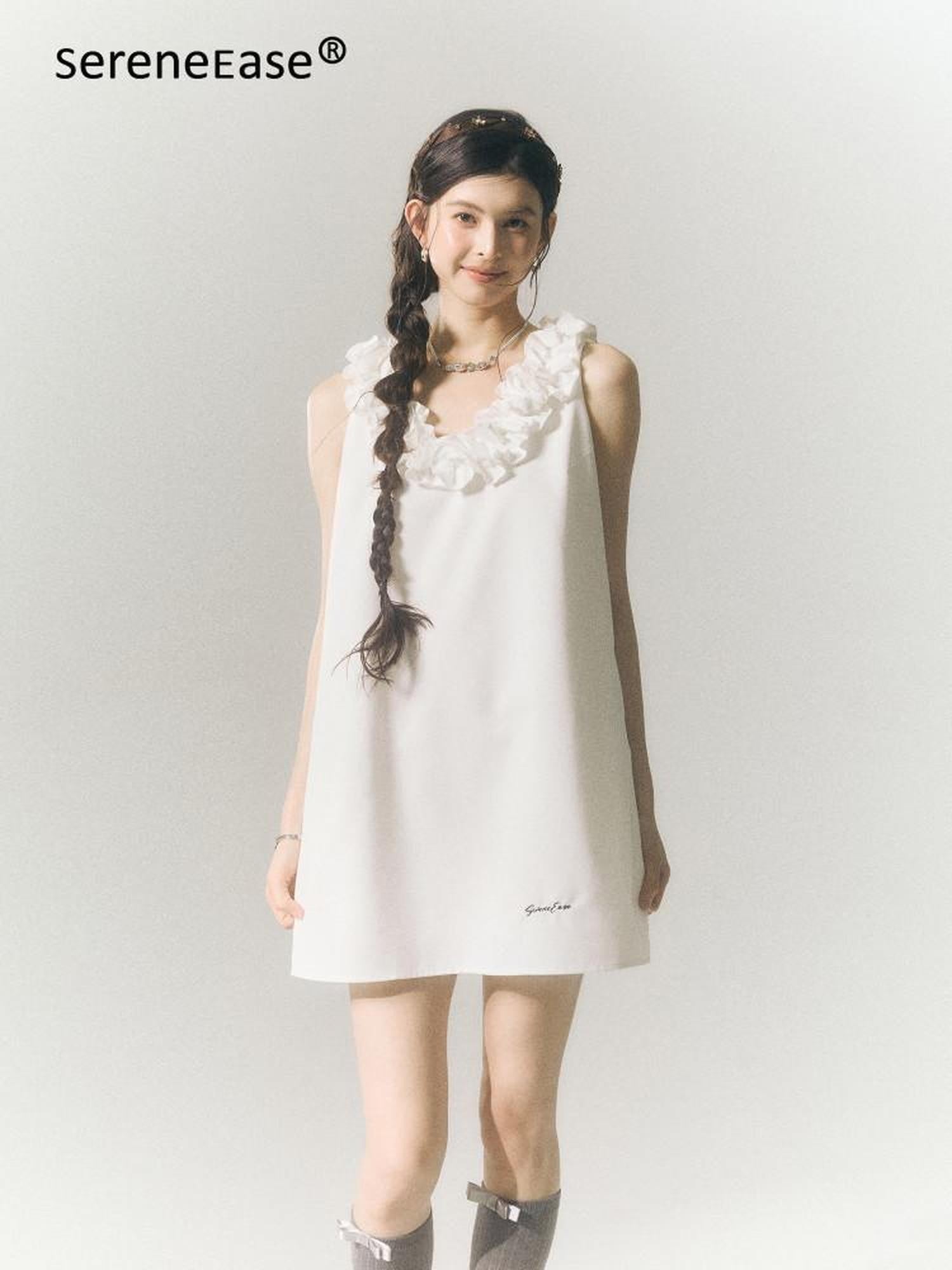 SereneEase Rose Knot Sleeveless V-neck A Line Women's Polyester Viscose Slip Mini Dresses