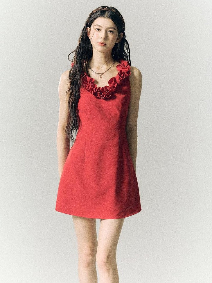 SereneEase Rose Knot Sleeveless V-neck A Line Women's Polyester Viscose Slip Mini Dresses