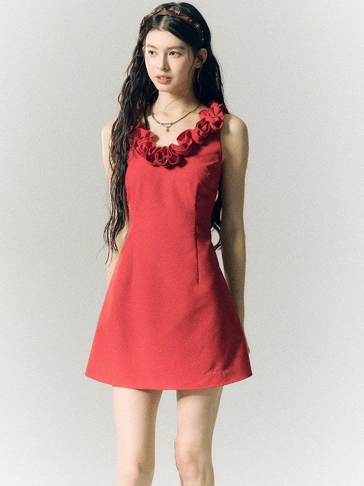 SereneEase Rose Knot Sleeveless V-neck A Line Women's Polyester Viscose Slip Mini Dresses
