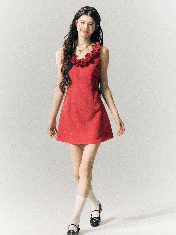 SereneEase Rose Knot Sleeveless V-neck A Line Women's Polyester Viscose Slip Mini Dresses
