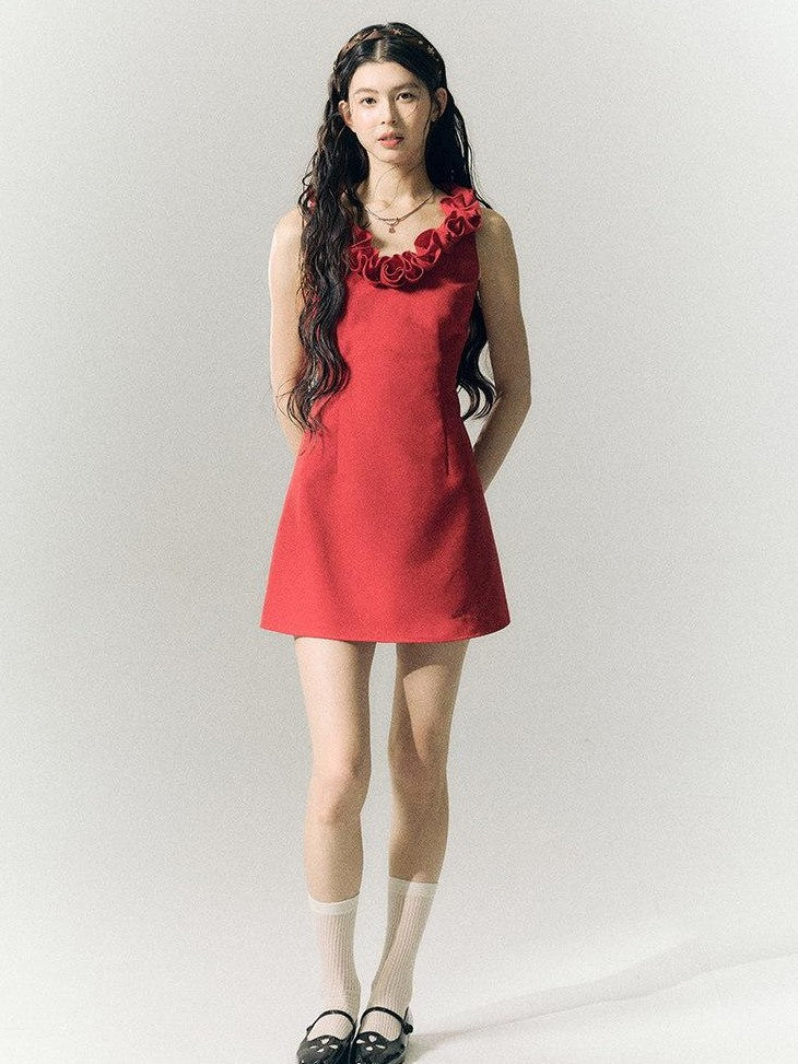 SereneEase Rose Knot Sleeveless V-neck A Line Women's Polyester Viscose Slip Mini Dresses