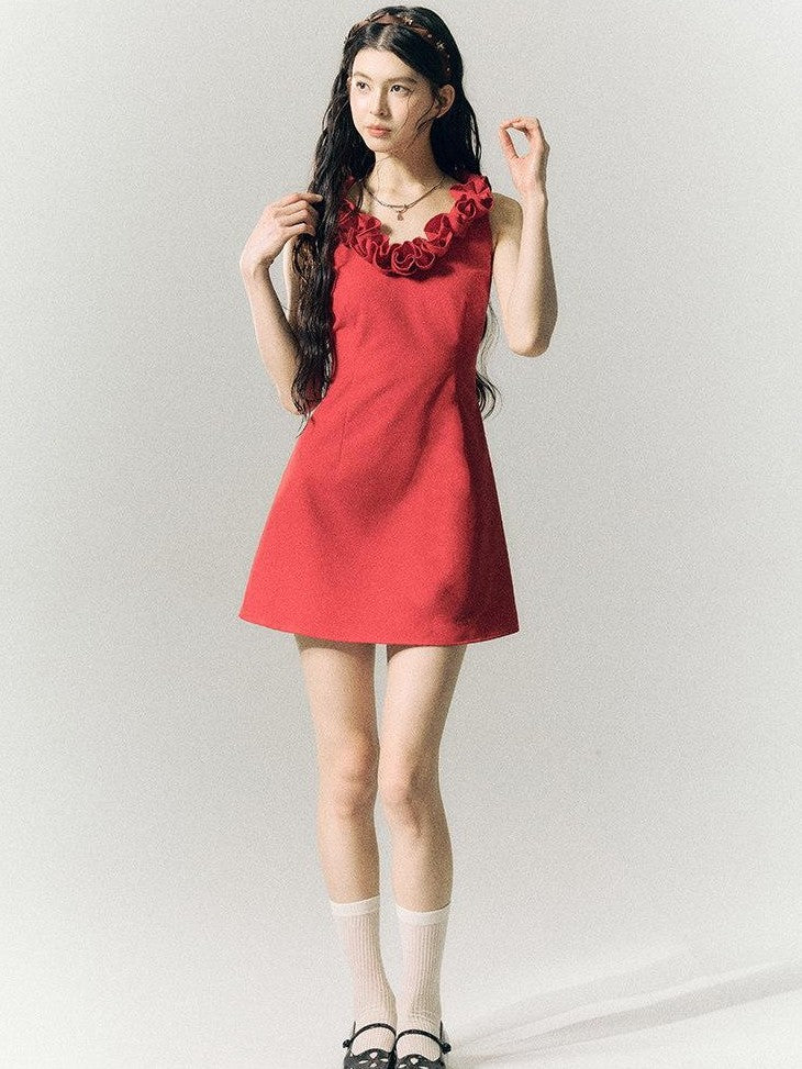 SereneEase Rose Knot Sleeveless V-neck A Line Women's Polyester Viscose Slip Mini Dresses