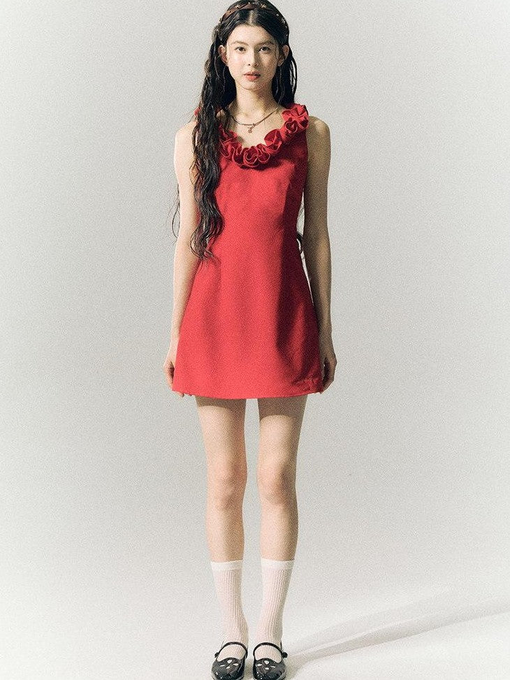 SereneEase Rose Knot Sleeveless V-neck A Line Women's Polyester Viscose Slip Mini Dresses