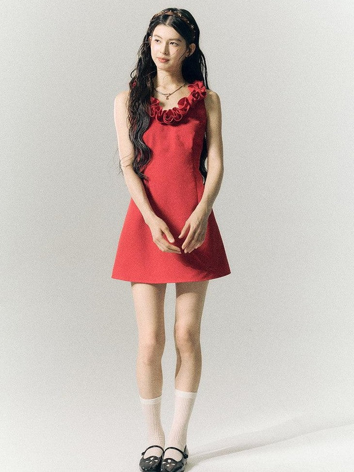 SereneEase Rose Knot Sleeveless V-neck A Line Women's Polyester Viscose Slip Mini Dresses